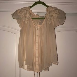 Cream Button Down Blouse with floral applicate